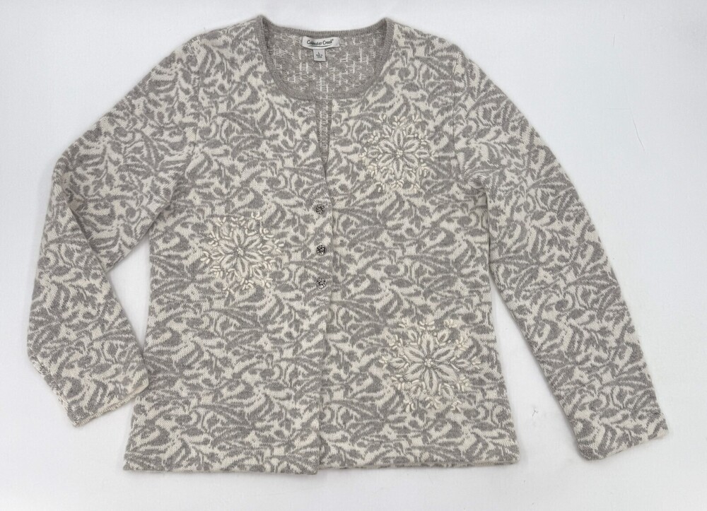 Coldwater Creek Cardigan Womens Large Gray Knit Three Buttons Wool Blend
